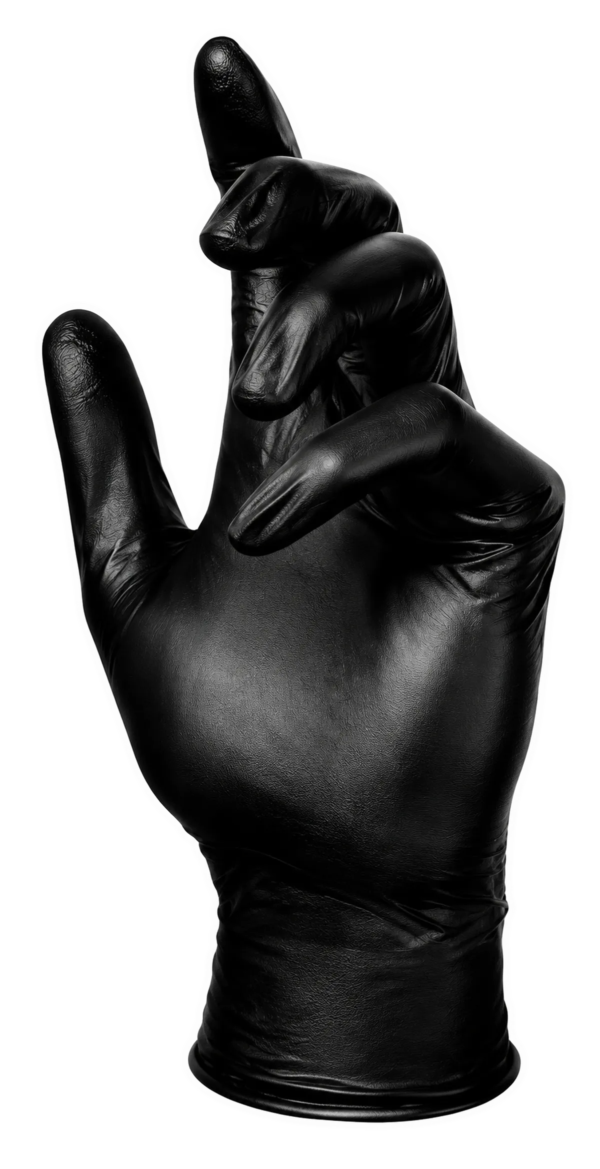 A black leather gloved hand making an expressive gesture