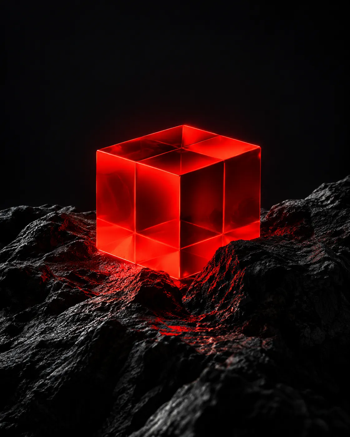 A luminous red glass cube on black volcanic rock