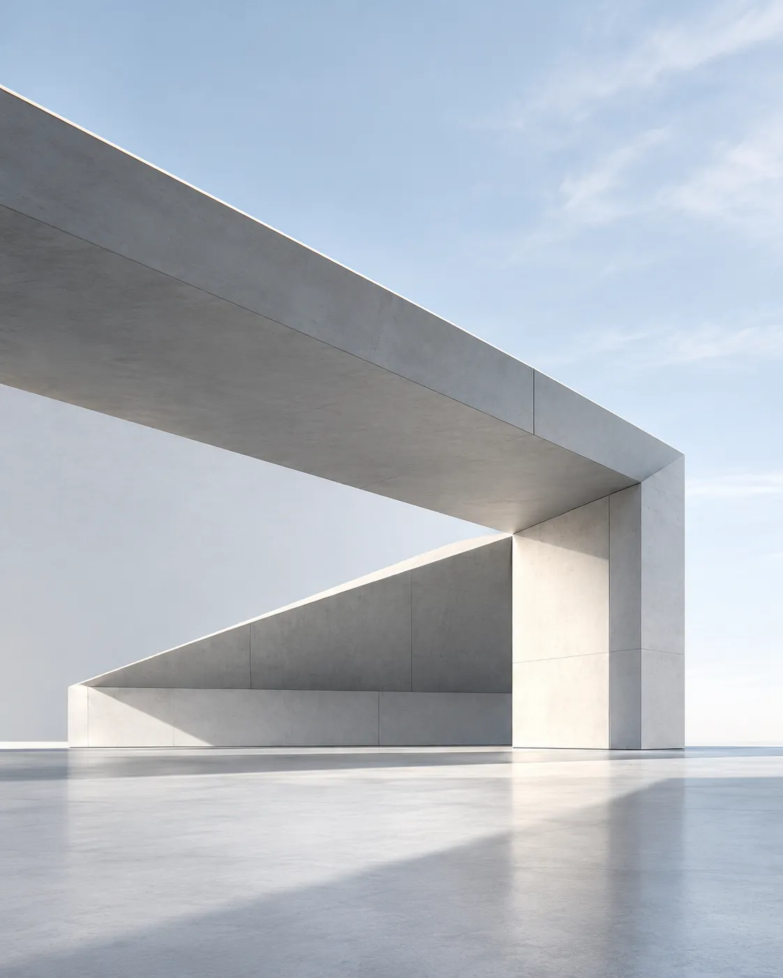 Minimal concrete pavilion framing a pale blue sky